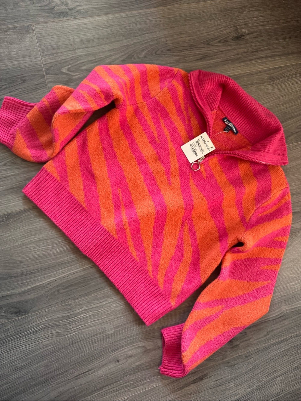Freshman Half-Zip Sweater Pink & Orange Zebra Stripe NWT Girls L/12-14 Nordstrom